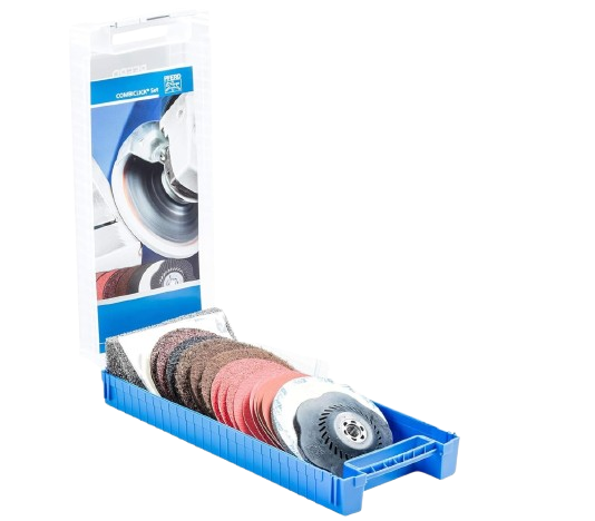 PFERD COMBICLICK-set, 19 delar, diameter 125 mm, M14, från grov till polerad bearbetning med vinkelslip.